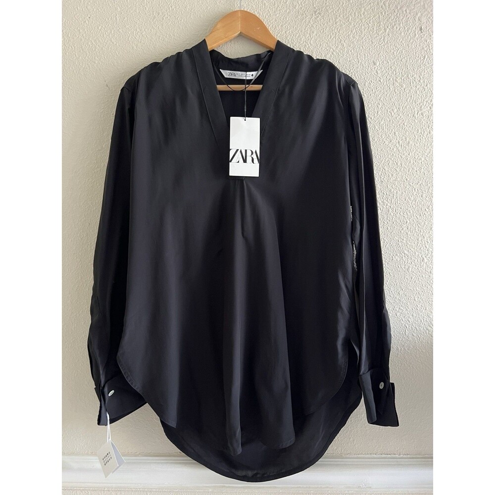 Zara Black Plain Tunic Top Small Long Sleeve Cuffed Classy Elegant Luxy Oversize